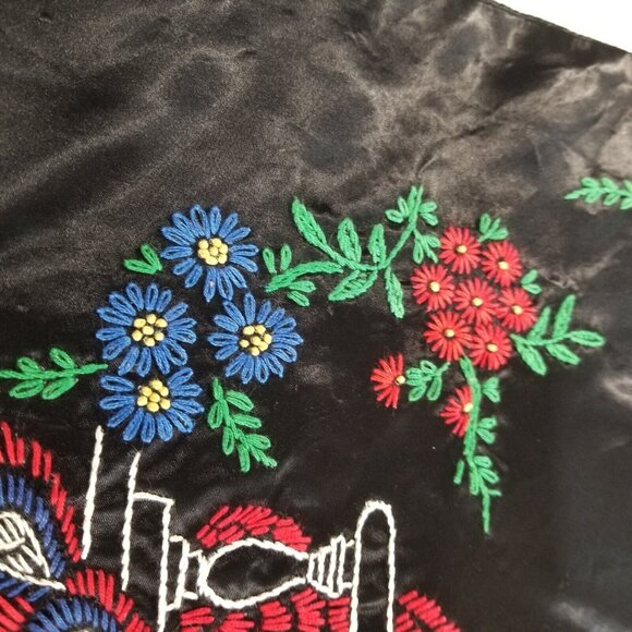 Peacock Satin Throw Pillow Cover Hand Embroidered 16X17 Black Red - Picture 10 of 11